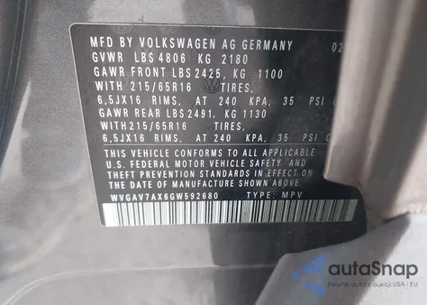 2016 Volkswagen Tiguan S z USA, uszkodzony, nr VIN WVGAV7AX6GW592680